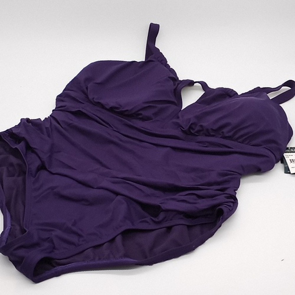 Lauren Ralph Lauren Womens 22W Slim High Neck Keyhole One-Piece Swimsuit Purple Size 22W