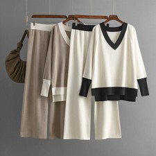 Fashion 2pcs Suit Women's Autumn V-neck Knitted Sweater Loose Wide Leg Pants New