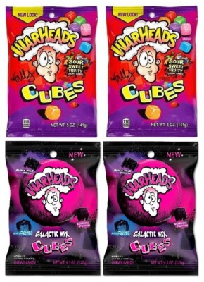 4x Warheads Variety Chewy Candy Peg Bag - Galactic Mix Cubes & Sour Sweet Cubes