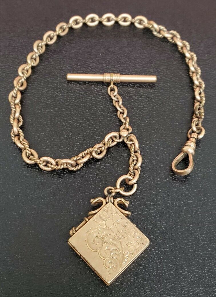 Vintage Rolled Gold Watch Chain Fob Fancy Round Link With Locket "Pioneer"