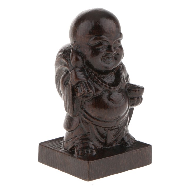 Wood Glazed Buddhist Happy Monk Statue Fengshui Ornament Figurine Model