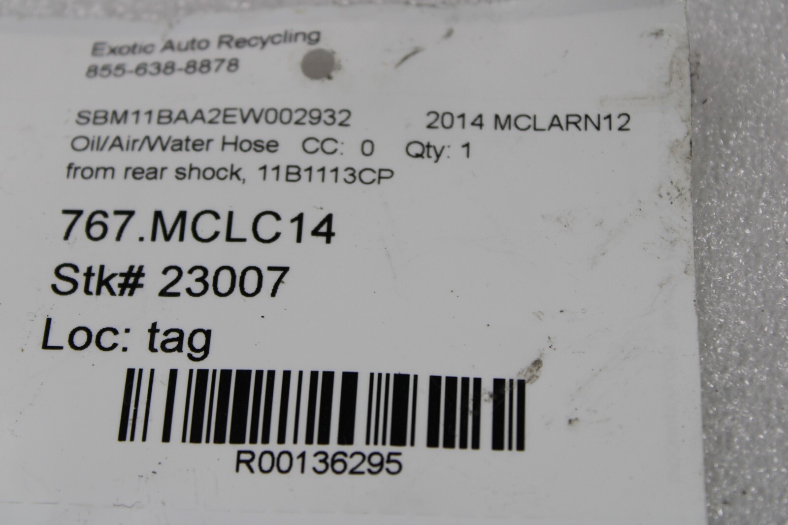 Mclaren MP4-12C, Rear Shock Hose, Used, P/N 11B1113CP