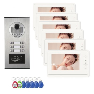 6-Unit Wired Video Intercom System 7-inch Monitor with ID Card Unlock
