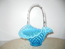 Vintage Fenton Art Glass Blue Opalescent Hobnail Ruffled Basket Clear Handle