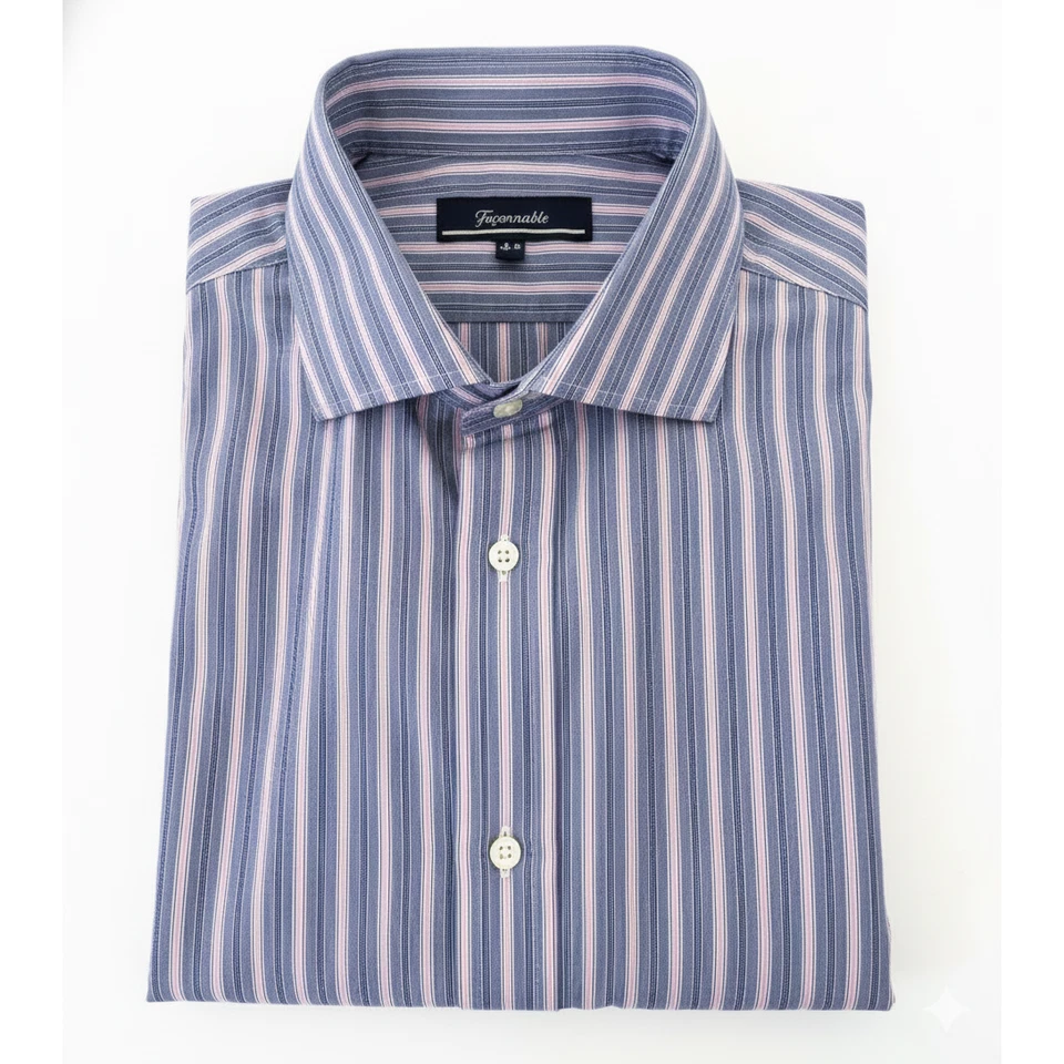 Faconnable French Cuff Dress Shirt 6/17R Blue Pink Stripe Made in USA Luxury - Image 2 of 4