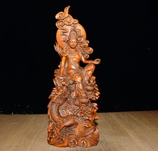 Treasured Small Leaf Boxwood Dragon and Guanyin Ornament