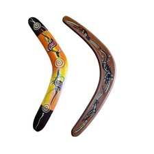 Par de pinturas a mano vintage aborígenes australianos arte en puntos boomerangs canguro lagarto