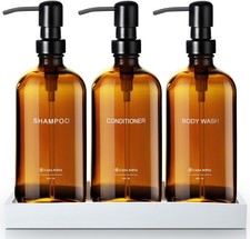 Amber Glass Shampoo  Conditioner Dispenser Set   Refillable 16 OZ Bottles