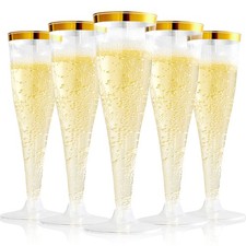 100 Pack Plastic Champagne Flutes, 4.5 Oz Gold Rim Plastic Champagne Glasses,...