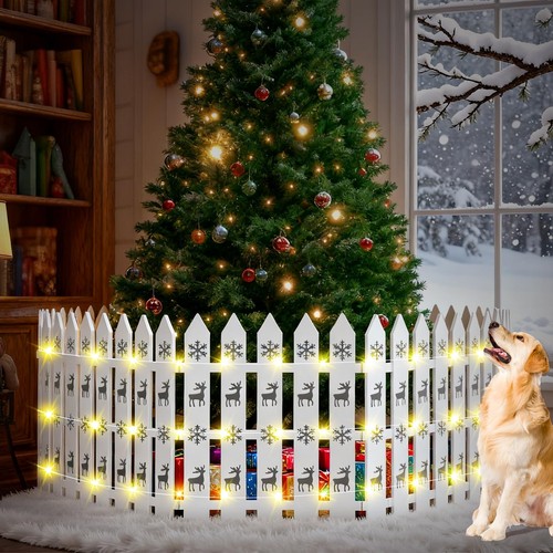 Christmas Tree Fences with LED String Lights 24 x 142 Inch Wooden Christmas T...