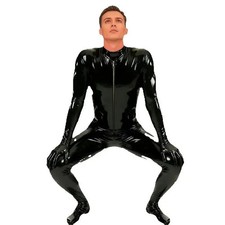 Latex Catsuit Rubber Gummi Classic Bodysuit Black Jumpsuit Front Zipper S-XXL