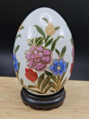 Large Vintage Porcelain Floral Display Egg w/ Pedestal Stand - 4.75'' Tall