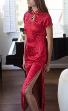 Vintage 60s 70s Cheongsam Peony Brand 36 S Dress Maxi Red Qipao Brocade