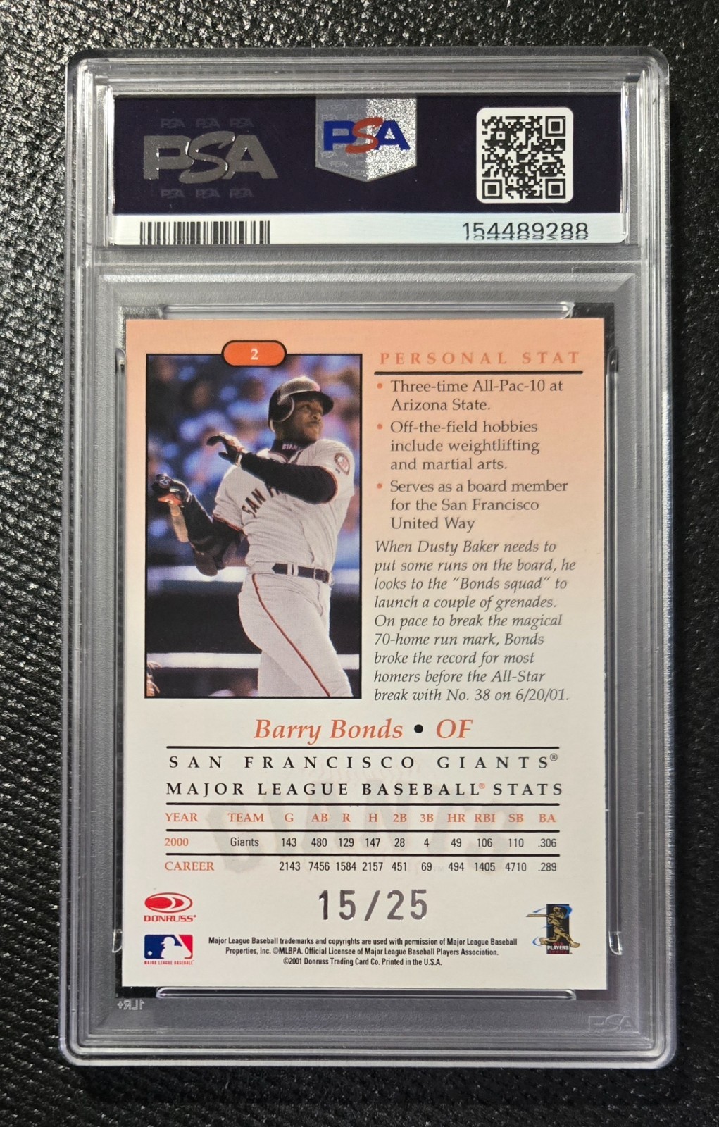2001 Donruss Studio * BARRY BONDS #2 STUDIO PROOF /25 * PSA 7 view 2