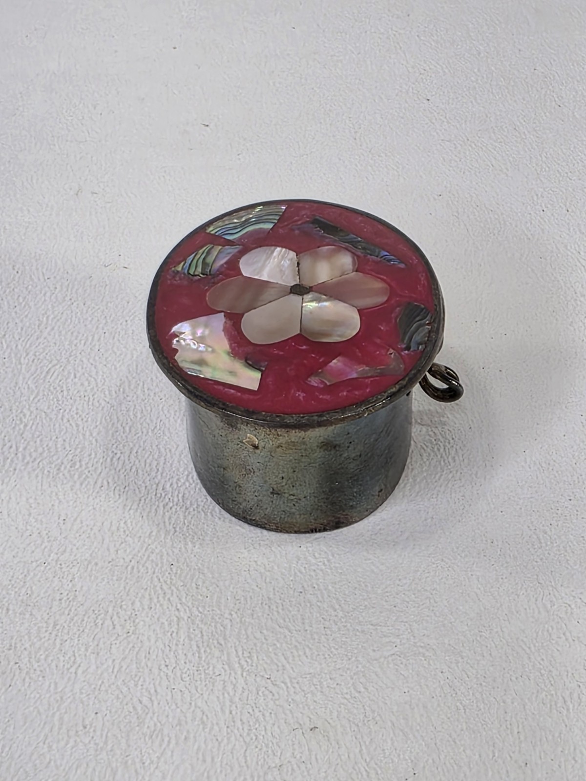 Vtg Red Alpaca Mexico Pill Box Trinket Abalone Shell & Mother of Pearl Inlay