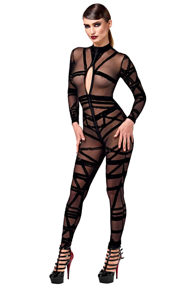 NOIR HANDMADE Netz Catsuit Bondesque Schwarz Transparent 3-Wege Schritt-RV - Bild 4 von 4