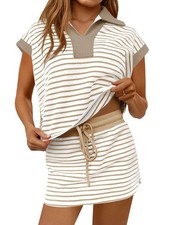 Womens Striped 2 Piece Outfits Casual Sweatshirt Skirt Set