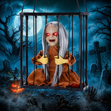 Halloween Screaming Skeleton Prisoner Cage Hanging Decor Light Up Eyes Indoor