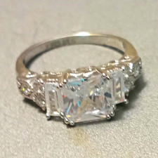 Silver Tone Metal Cocktail Ring Size 7 Square White/Colorless Stone Prong Set