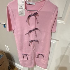 ZARA Pink Knit Top Bow Tie Accents Pockets Ro...