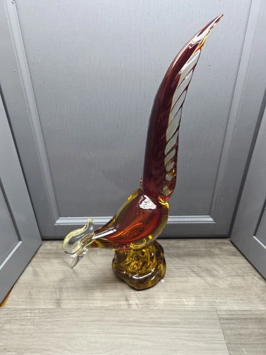 Murano Style Art Glass Pheasant Roadrunner Red & Yellowish Gold Color 13.5" READ