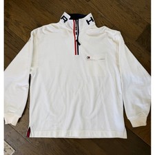 Tommy Hilfiger Mens Quarter Zip Pullover White Spell Out Collar Flag Logo Medium