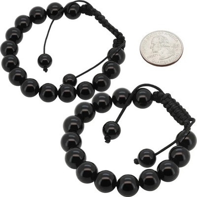 Set of 2 Glossy Black Beaded Bracelets   Adjustable Macrame Sliding Knot Unisex