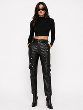 Women's Genuine Lambskin Leather Moto Cargo Pants High Waist Black Belted Custom