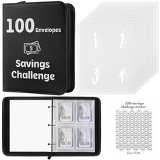 100 Envelopes Money Challenge Binder with Laminated Tracker, Zipper, Black