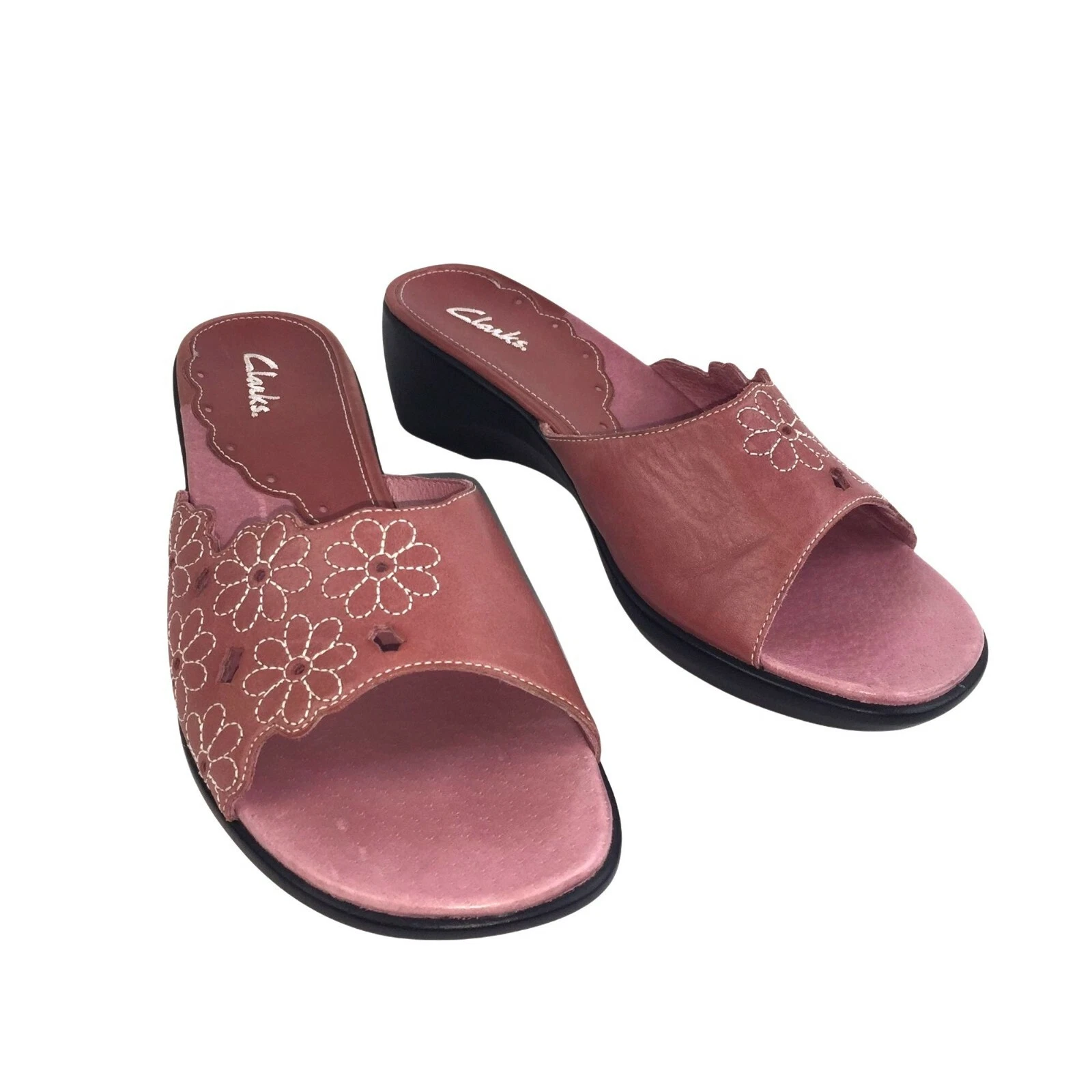 Sandali donna Clarks rosa corallo pelle fiori ricamati taglia US 8 EU