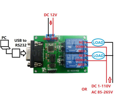 DC 12V 2CH RS232 DB9 Serial Relay Control Switch UART Home Automation NEW