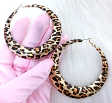 Big LEOPARD Animal Print HIP HOP Gold HOOP Leverback Betsey Johnson Earrings