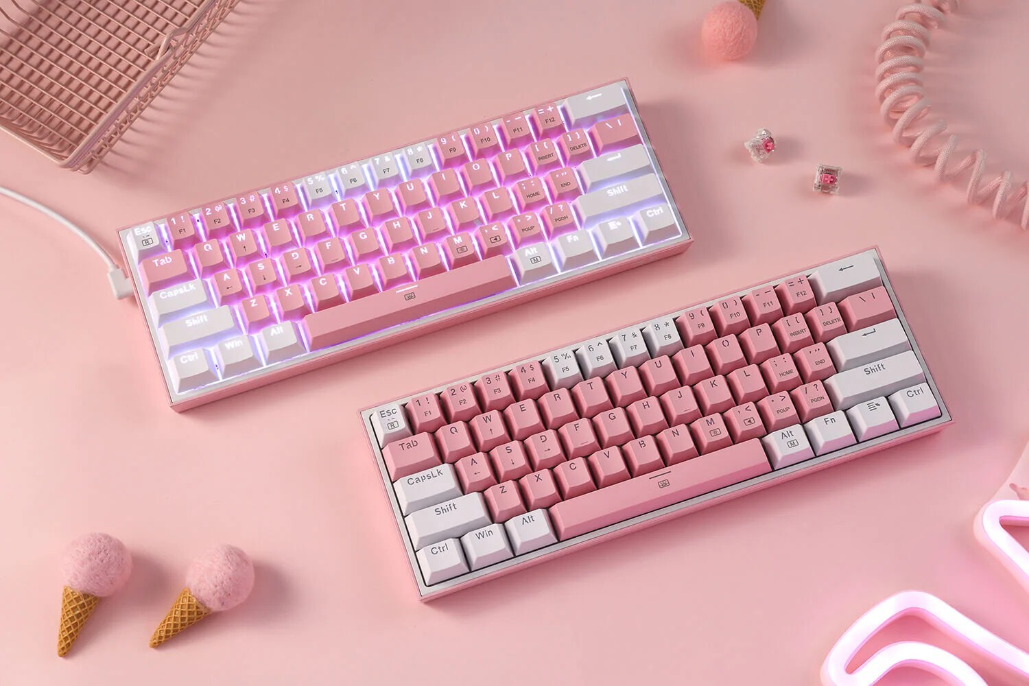 60% Compact Wired RGB Gaming Keyboard with 61 Keys, Sleek White & Pink Design for Gamers and Typists-image