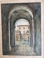 ROMA SPARITA ACQUERELLO MINIATURISTA DI UN CORTILE DI PIAZZA VENEZIA FINE '800