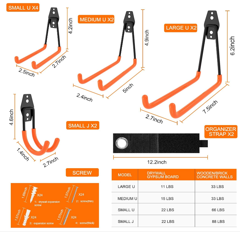 12 Pack Garage Storage Hooks 2 Extension Cord Straps Wall Mount Hook