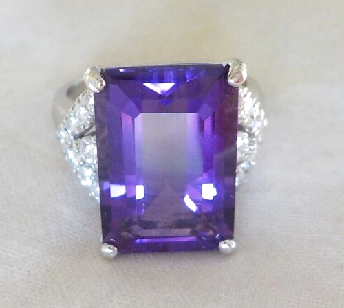 14K White Gold Solitaire Amethyst Diamond Ring - 8.30 gms, Sz 7.75, 12.58 ctw