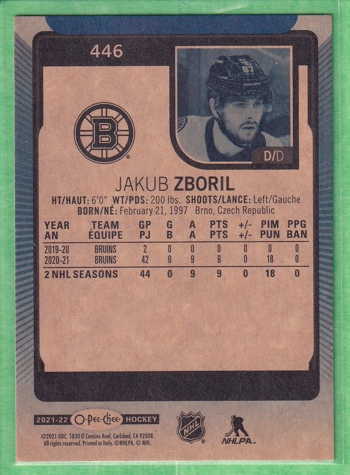 2021-22 O-Pee-Chee Blue Border #446 Jakub Zboril Boston Bruins - Image 2 of 2
