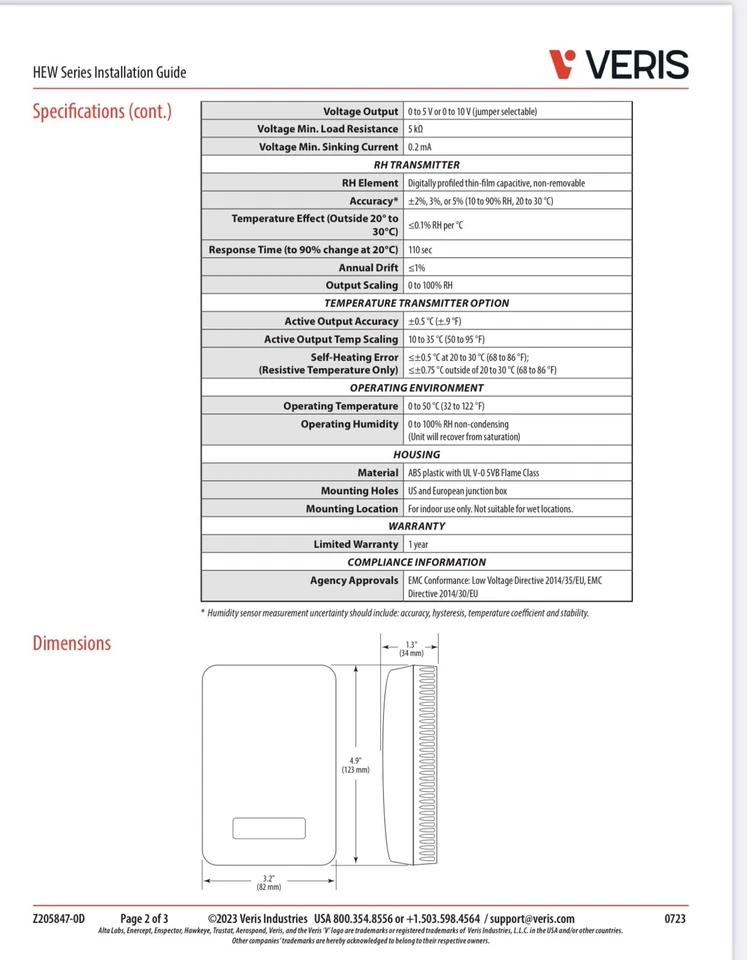 Veris HEW3VSTK Wall Humidity Sensor Free Shipping (g3) - Image 4 of 4