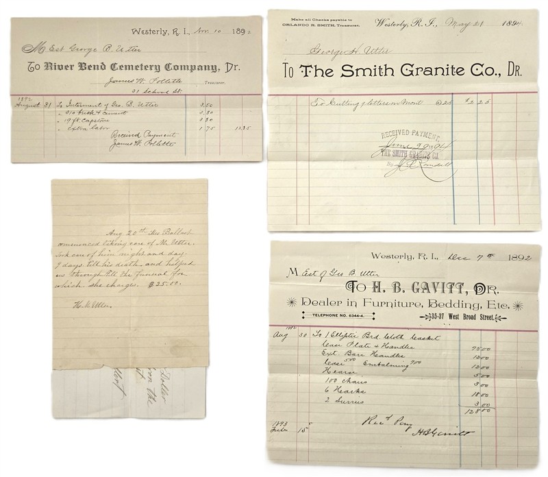 1892-94 antique FUNERAL RECEIPTS westerly ri GEORGE B UTTER river bend cemetery