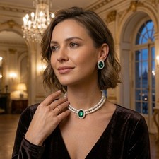 Elegant Pearl and Emerald Stone Jewelry Set Necklace and Stud Earrings