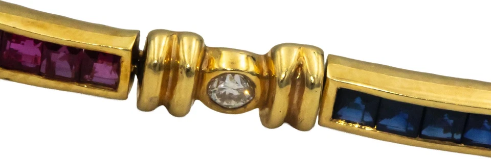 Designer 18k Yellow Gold Diamond Ruby Sapphire Tennis Bracelet 5.49CT - Image 2 of 4