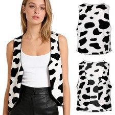 Womens Costume Fuzzy Tank Top Cropped Jacket Vest Flannel Cow Spot Print Vintage