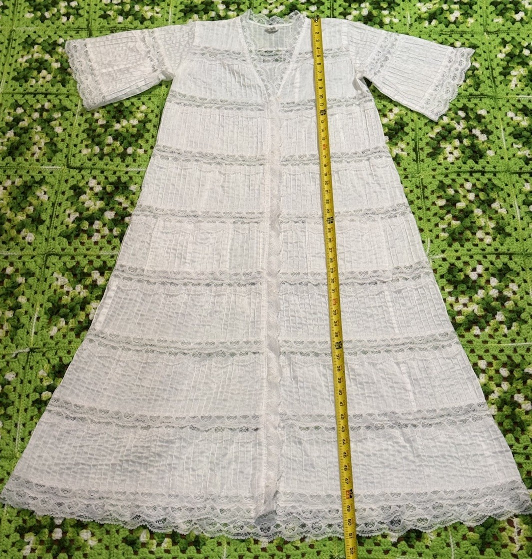 Vintage Cotton  lace detailing bell sleeves Front Button Dress Gown Boho Country