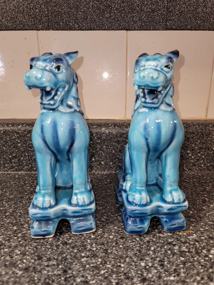 Sujetalibros Komainu Shishi de cerámica turquesa esmaltada Foo Guardian Dogs de colección Japón Foto 2 de 4