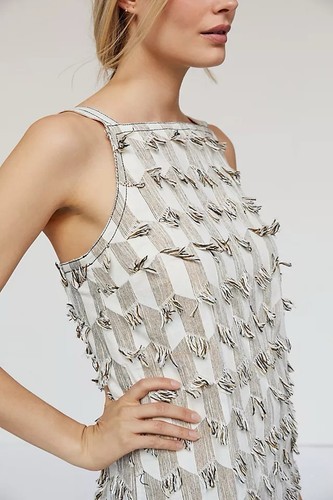 New Anthropologie Fringe Ladder Back Shift Dress Tan Sand Large Retails $148 - Picture 2 of 10