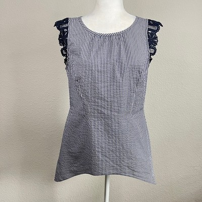 Cabi Lace Flutter Top Women's S Navy Stripe Seersucker Hi-Lo Hem Stretch #5727