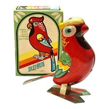 Vintage Tin 1960s Jumping Parrot Wind-up Tin Litho Toy, In Box W Key