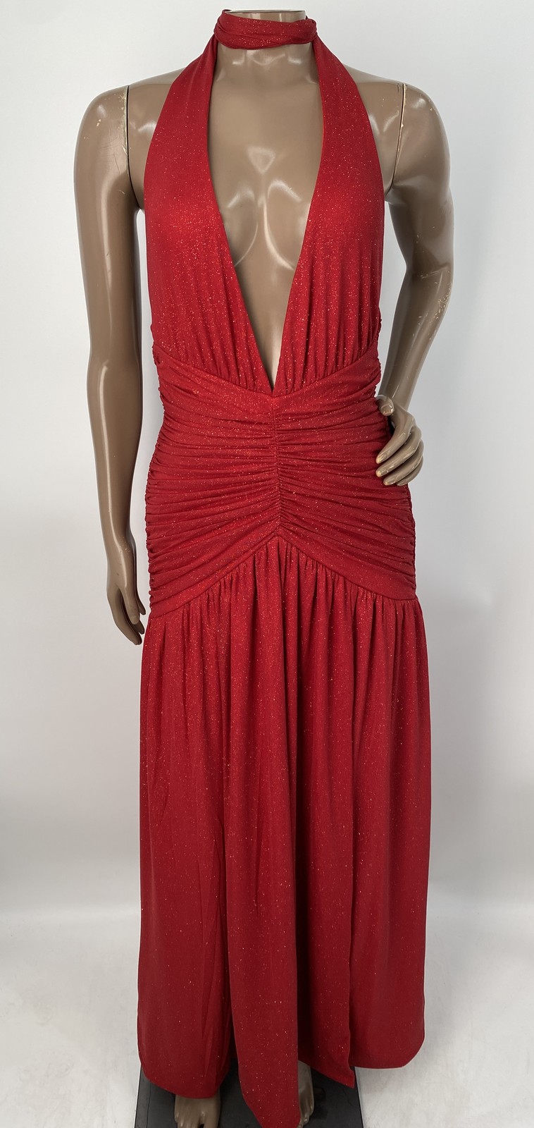 Babyboo Womens Maxi Dress Red Size M Melania Sparkle Glitter Plunging Halter