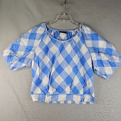 Lane Bryant Linen Blend Top Womens 18 Blue Checked Plaid Puffy Sleeves Cottage