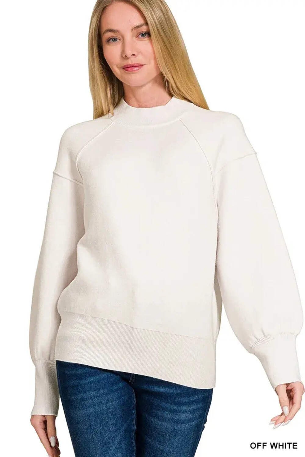 Trendsi Off White Sweater Women's Cozy Viscose Mock Neck Top Relaxed Fit